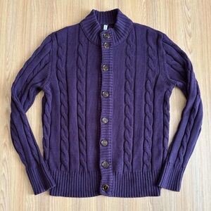 Nitagut Cable Knit Button Up Fisherman Sweater Mens L Slim Purple Chunky Preppy